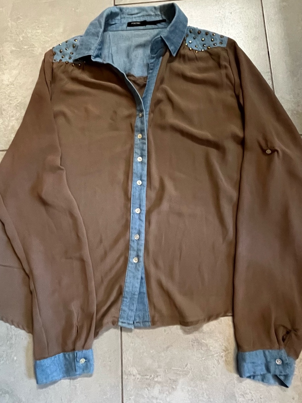 Poetry Brown Sheer Shirt Jacket with Blue Denim Trim
